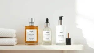 atelier cologne - Minimalist bathroom shelf with atelier cologne bottle, unscented moisturizer, an