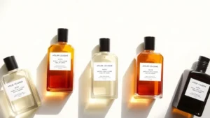 atelier cologne rare collection fragrances list - Flat lay of five Atelier Cologne fragrance bottles arranged by color gradient fr