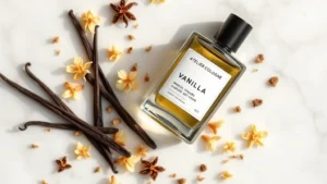 atelier cologne vanille insensée - Overhead shot of Atelier Cologne Vanille Insensée bottle on white marble with va