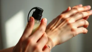 athena fragrances - Close-up of hands applying fragrance to pulse points on wrist with soft natural