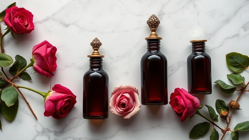 attar fragrance - 
Flat lay of dark glass attar bottles with ornate stoppers on a marble surface w