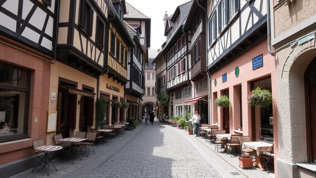 attractions in cologne germany -
Narrow cobblestone street in Altstadt with half-timbered buildings and outdoor
