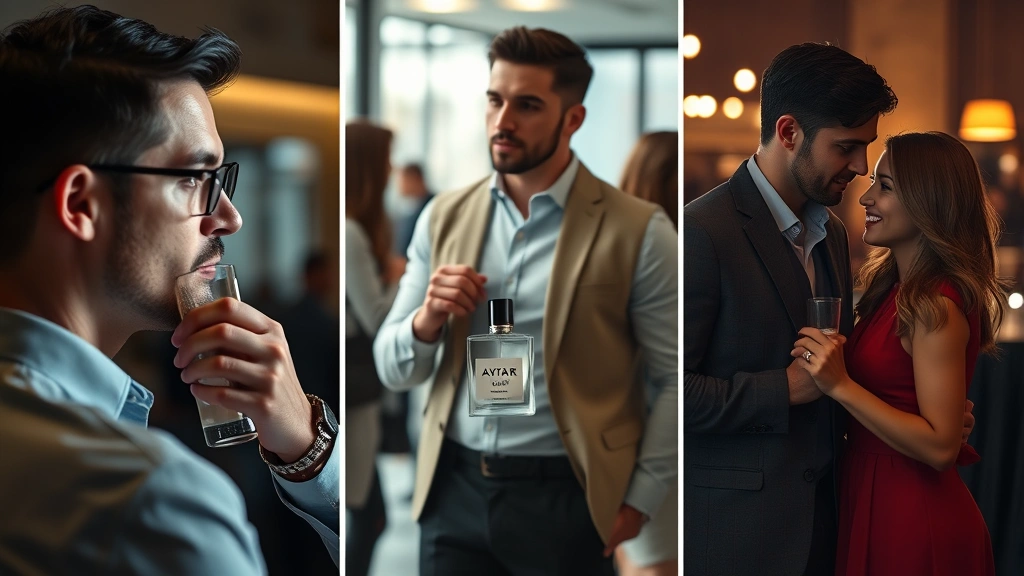 avatar cologne - 
Man wearing avatar cologne in three different scenarios: office meeting, casual