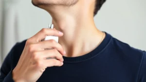 avon cologne - Man applying Avon cologne to neck pulse point with proper technique, showing cor