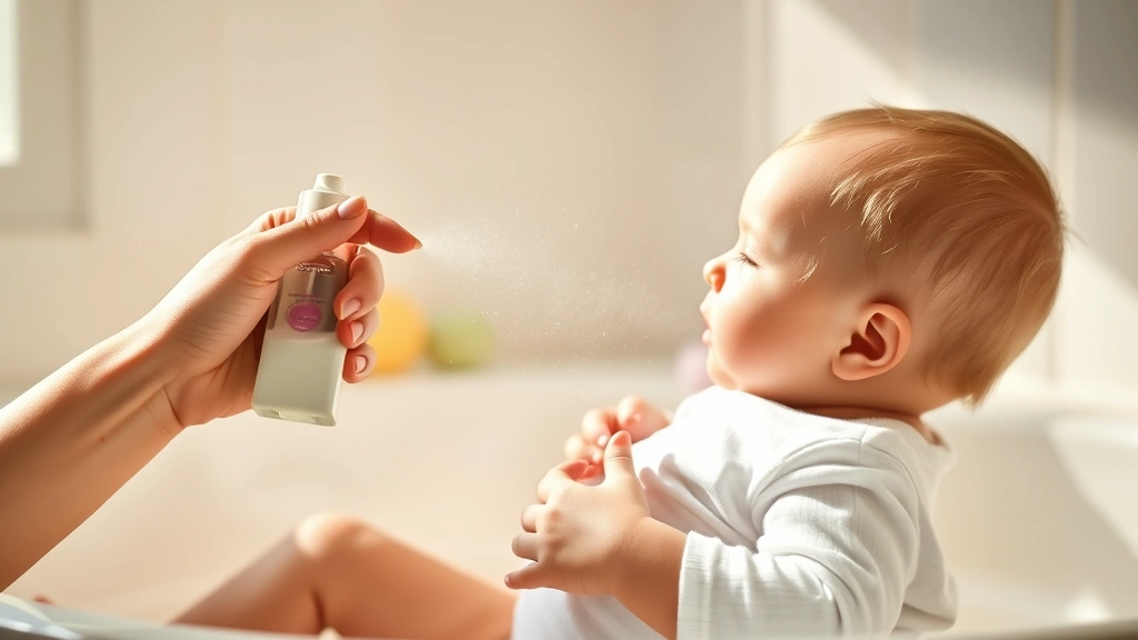 baby cologne - 
Parent gently misting light baby cologne on infant’s clothing during bath