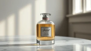 baccarat cologne for men - Product shot of Baccarat cologne bottle on marble surface with soft morning ligh