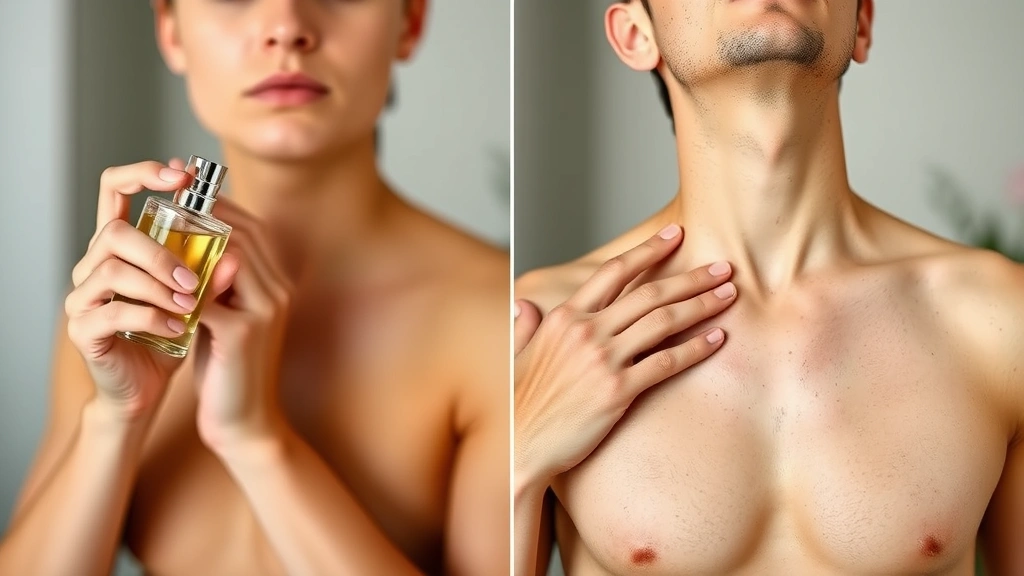 bad boy fragrance -
Split-screen showing fragrance bottle application on pulse points, demonstratin