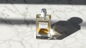 balenciaga fragrance - Balenciaga fragrance bottle with minimalist design on marble surface with dramat