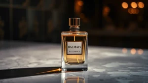 balmain fragrances - Luxury Balmain fragrance bottle shot on marble surface with dramatic lighting