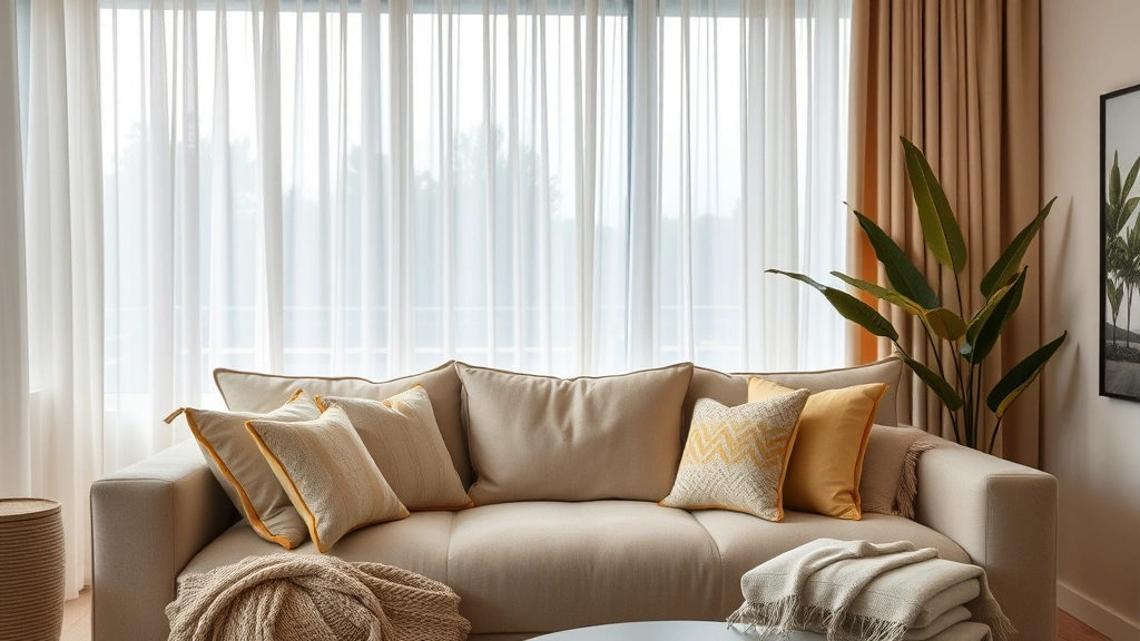 banana fragrance - 
Modern living room with throw pillows and curtains, subtle banana fragrance amb