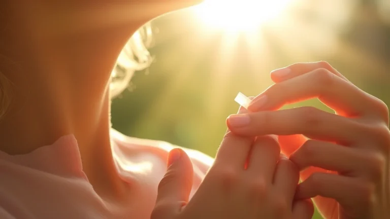 bare fragrance - Close-up of hands applying fragrance to neck pulse point with morning sunlight