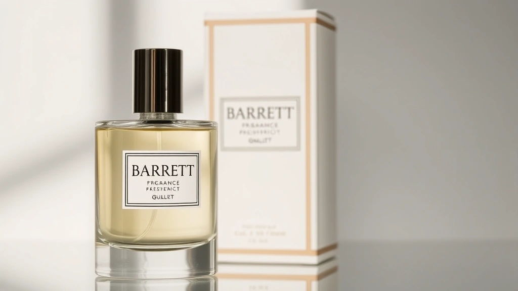 barrett fragrances - 
Close-up of Barrett fragrance bottle with premium packaging against minimalist 