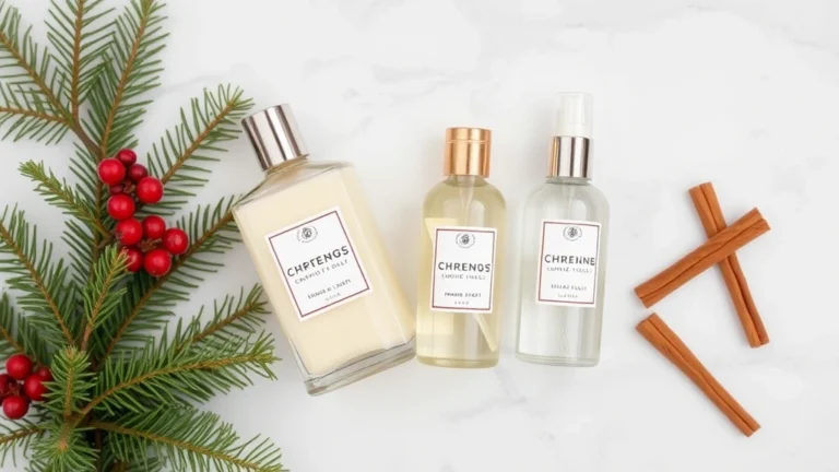 bath and body christmas fragrances - Flat lay of luxury bath and body Christmas fragrance set with shower gel, lotion