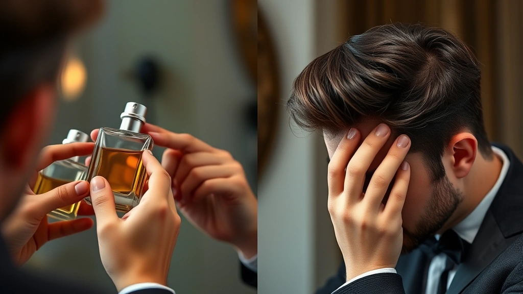 bath and body men's cologne - 
Split-screen comparison showing proper cologne application technique on left ve