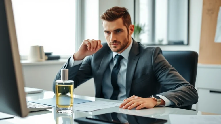 bath and body men's fragrance - Professional man wearing cologne at work desk with fragrance bottle displayed ne