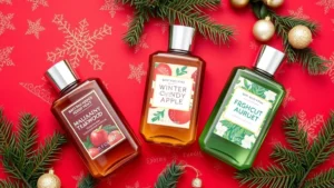 bath and body works christmas fragrances - Flat lay of Bath and Body Works Christmas fragrance collection showing Mahogany