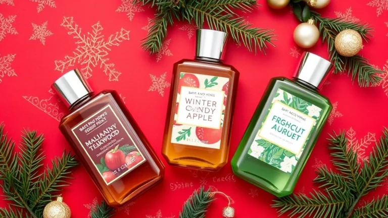 bath and body works christmas fragrances - Flat lay of Bath and Body Works Christmas fragrance collection showing Mahogany