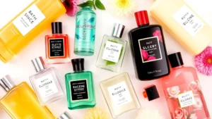 bath and body works cologne - Flatlay of Bath and Body Works cologne bottles in various scents arranged artist