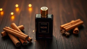 bath and body works noir cologne - Noir cologne bottle on a dark wooden surface with warm amber lighting, cinnamon