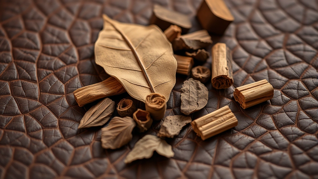 batman cologne - 
Close-up of leather texture with tobacco leaves and cedarwood pieces arranged a