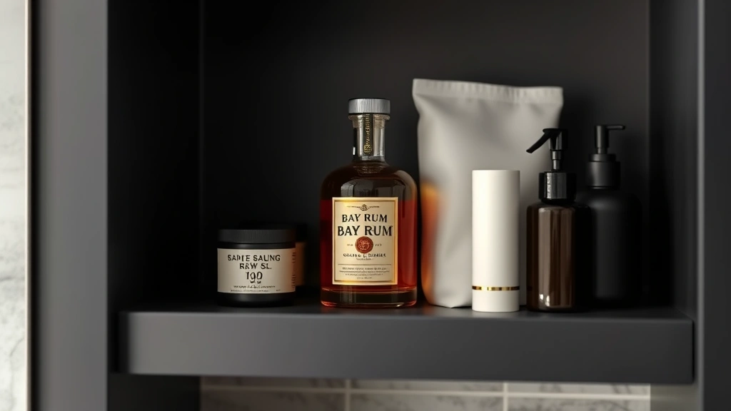 bay rum cologne - 
Organized bathroom shelf with bay rum cologne stored properly in cool dark spac