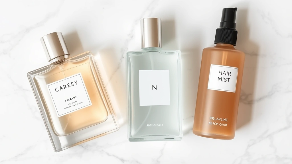 beautiful fragrance - 
Flat lay of fragrance, body lotion, and hair mist layered together on marble su