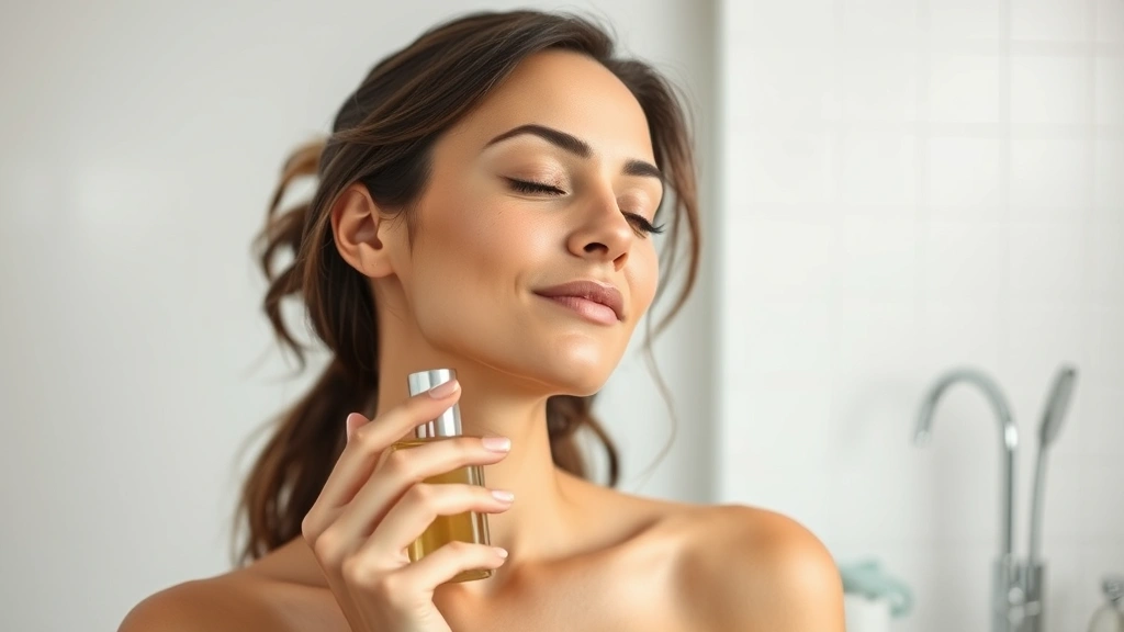 beautiful fragrance - 
Woman applying fragrance to neck with eyes closed, peaceful expression, minimal