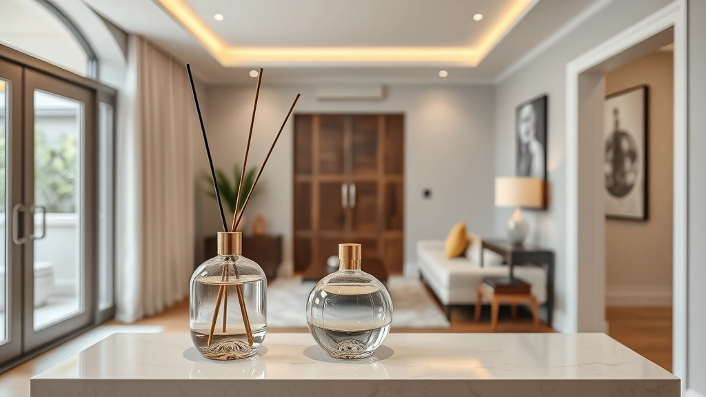beauty house fragrance - 
Modern living room entryway with elegant glass diffuser bottle on console table