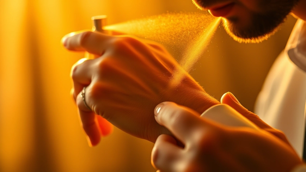 beekman place cologne - 
Close-up of cologne being sprayed on wrist pulse point, showing mist in warm go