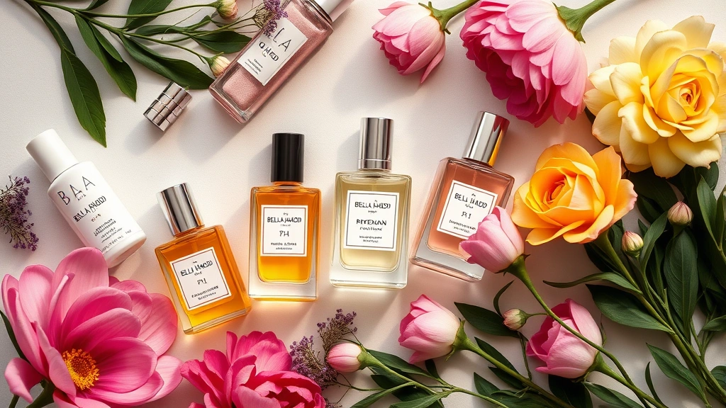 bella hadid fragrances - 
Overhead flat lay of Bella Hadid fragrances with complementary beauty products 