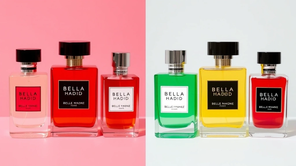 bella hadid fragrances - 
Side-by-side comparison of Bella Hadid fragrance bottles showing different scen