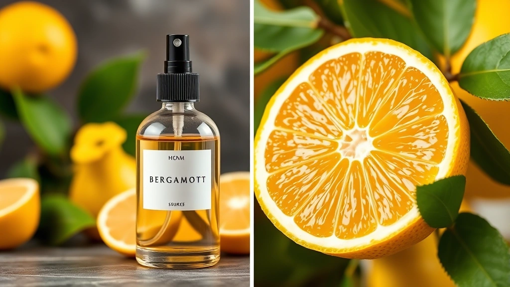 bergamot in fragrance - 
Split-screen showing bergamot fragrance spray bottle on left and bergamot citru