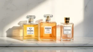 best chanel fragrance women - Elegant Chanel fragrance bottles arranged on marble with soft natural lighting,