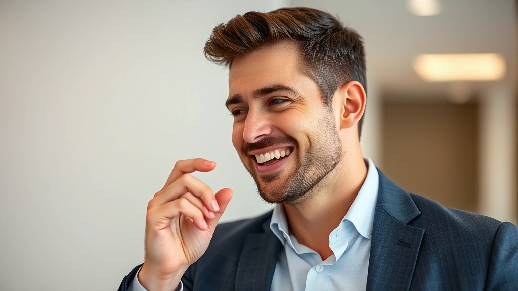 best cologne - 
Man in business casual attire smiling confidently, suggesting fresh cologne app