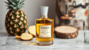 best creed cologne for men - Creed Aventus bottle on marble surface with pineapple and birch wood elements in
