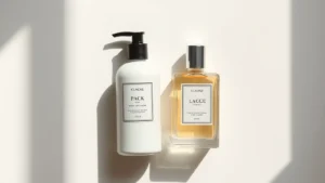 best fragrance body lotion - Overhead flat lay of fragrance body lotion bottle next to cologne, both with com