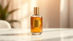 best fragrance body wash - Luxury fragrance body wash bottle with golden cap on white marble surface, soft