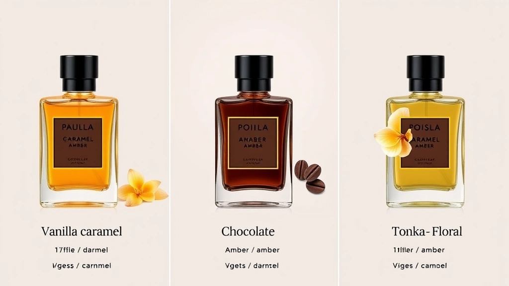 best gourmand fragrances - 
Comparison grid showing three different gourmand fragrances side by side with t