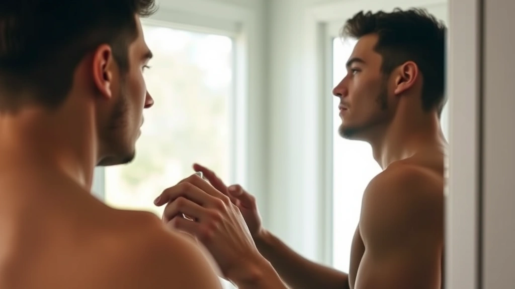 best masculine fragrances - 
Man applying cologne to neck pulse point in mirror, confident expression, morni