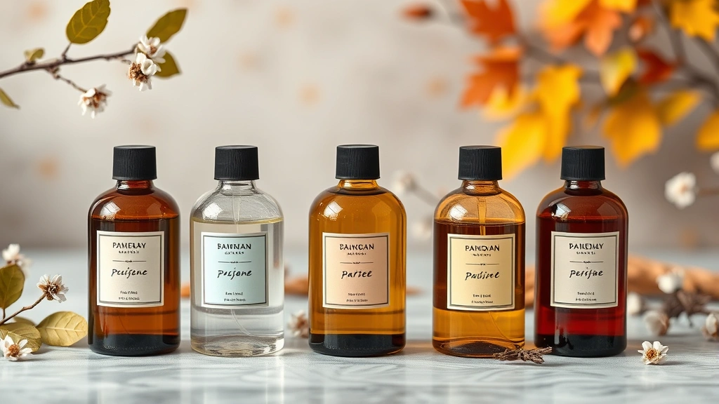 best men's fragrance - 
Collection of 5 different fragrance bottles arranged by seasonal use with subtl