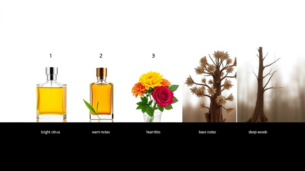 best men's fragrances - 
Split-screen showing fragrance evolution timeline: top notes bright citrus, hea