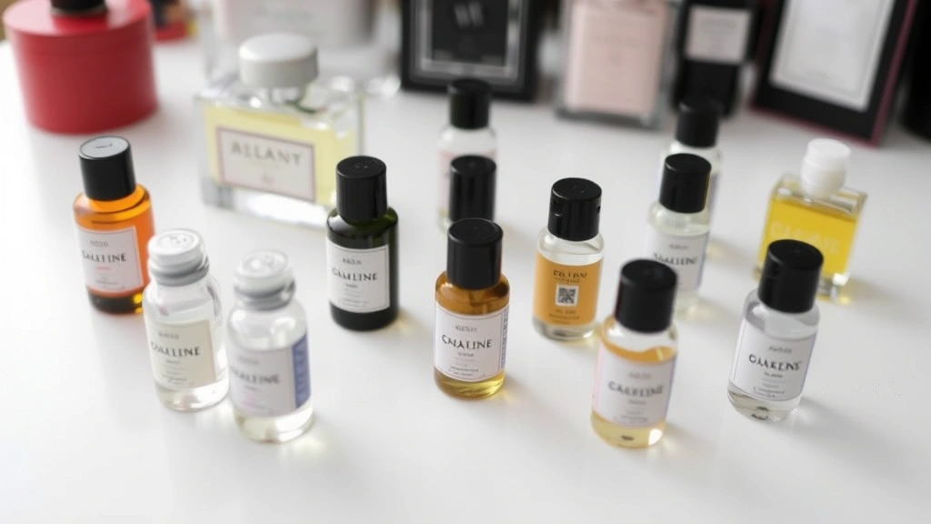 best niche fragrances for men -
Fragrance sampling collection spread out with multiple small vials, representin
