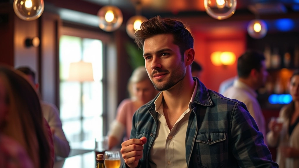 best pheromone cologne for men - 
Man in casual outfit at a social gathering or bar setting, representing ideal p