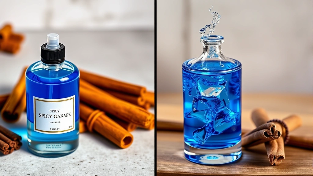 best spicy blue fragrance for summer - 
Split-screen comparison showing spicy blue fragrance bottle on left, cool blue 
