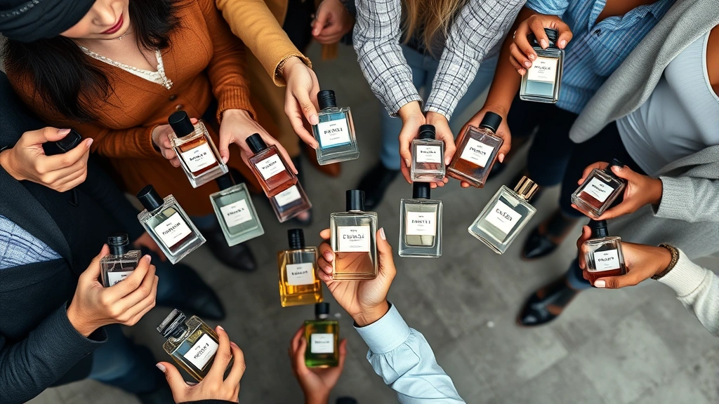 best unisex cologne - 
Overhead view of diverse group of people each holding their favorite unisex fra