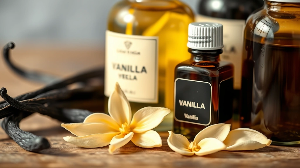 best vanilla colognes - 
Close-up of vanilla bean pods next to fragrance bottles, showing the natural in