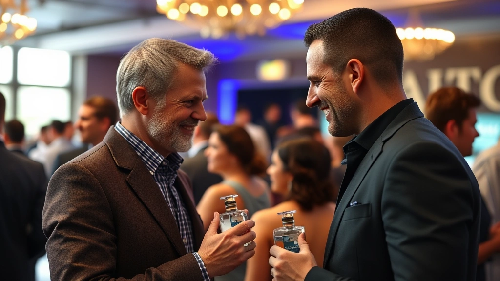 better than your ex cologne - 
Man at a social gathering receiving a compliment about his fragrance, showing g