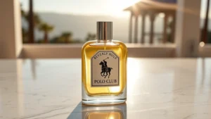 beverly hills polo club cologne - Beverly Hills Polo Club cologne bottle with polo club crest on white marble surf