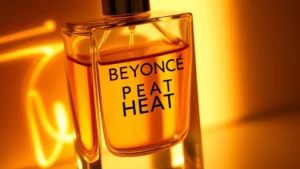 beyonce heat fragrance - Close-up of Beyoncé Heat perfume bottle with golden amber liquid inside, shot ag