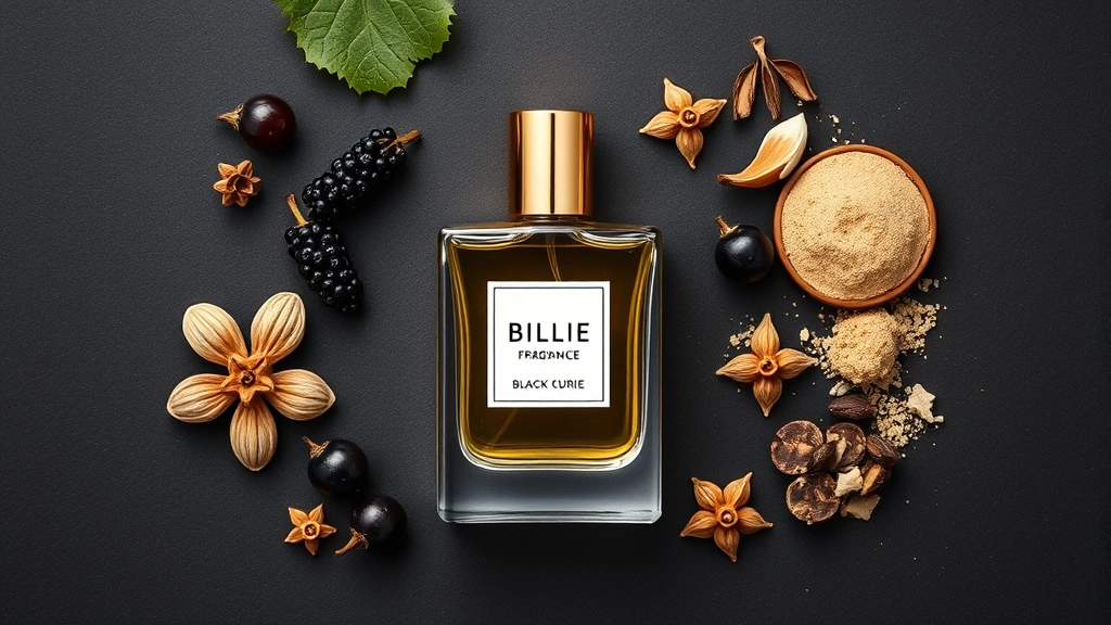 billie fragrance -
Flat lay composition showing Billie fragrance bottle surrounded by black curran